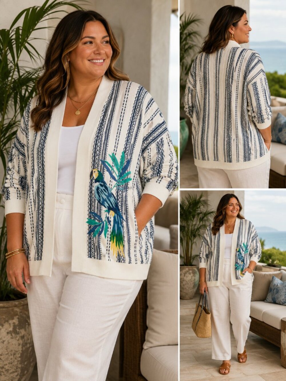Chico’s Tropical Bird Embroidered Striped Cardigan Sweater XL Size 3